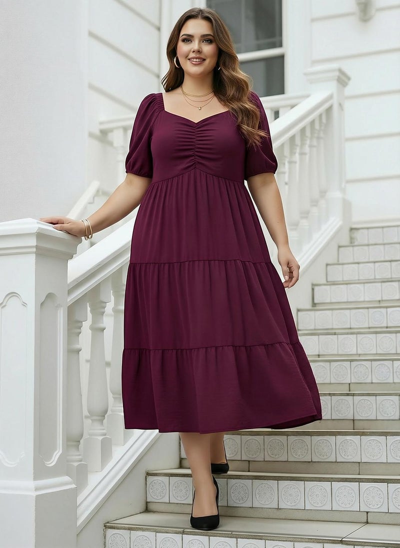 Globus Gloplus Women Burgundy Sweetheart Neck Puff Sleeves Self Design Ruched Detail Tiered Midi Plus Size A-Line Dress - Image 1